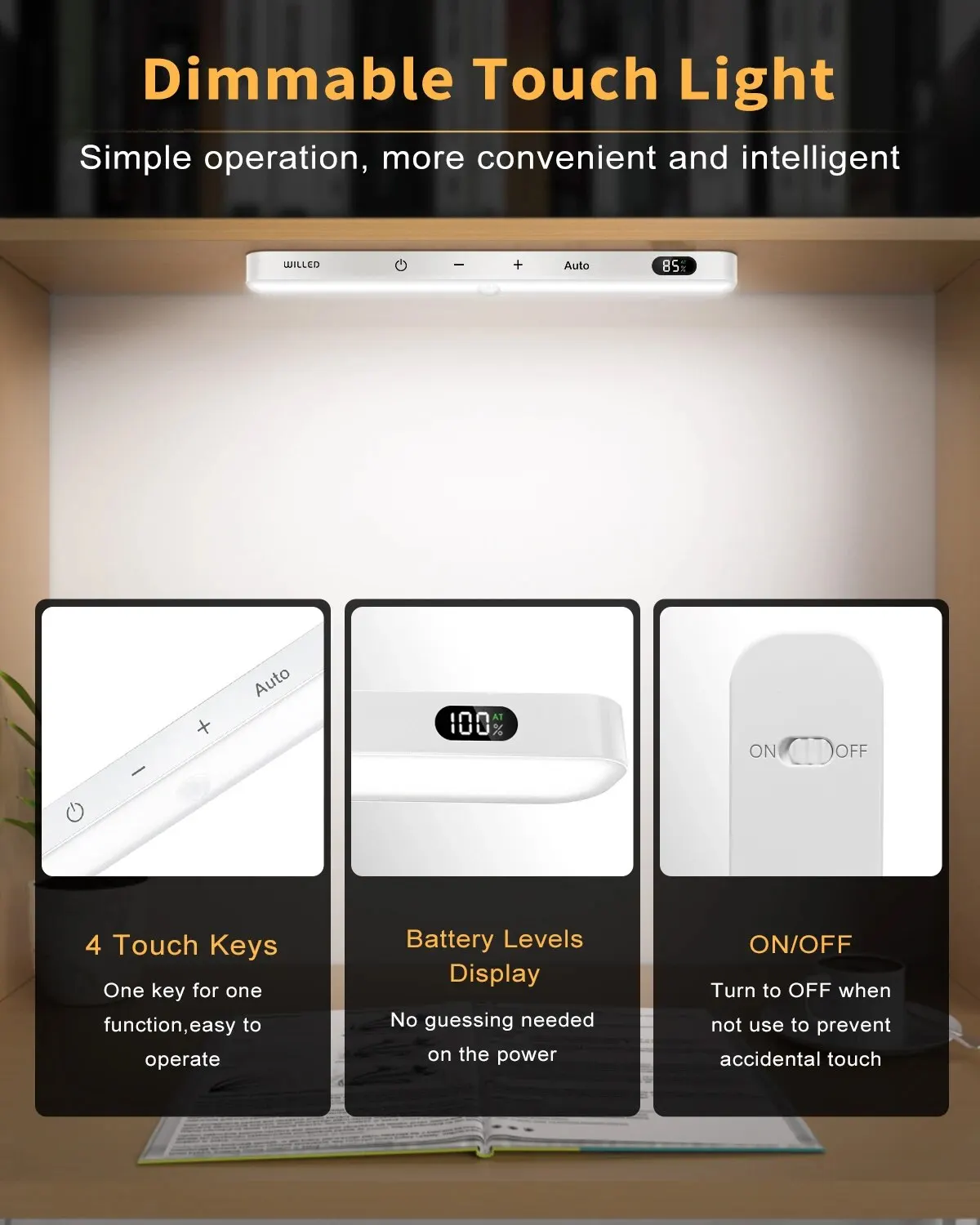 WILLED Motion Sensor Cabinet Light Battery Display 60 LED Touch Light Bar Wireless Rechargeable Battery Night Light-2
