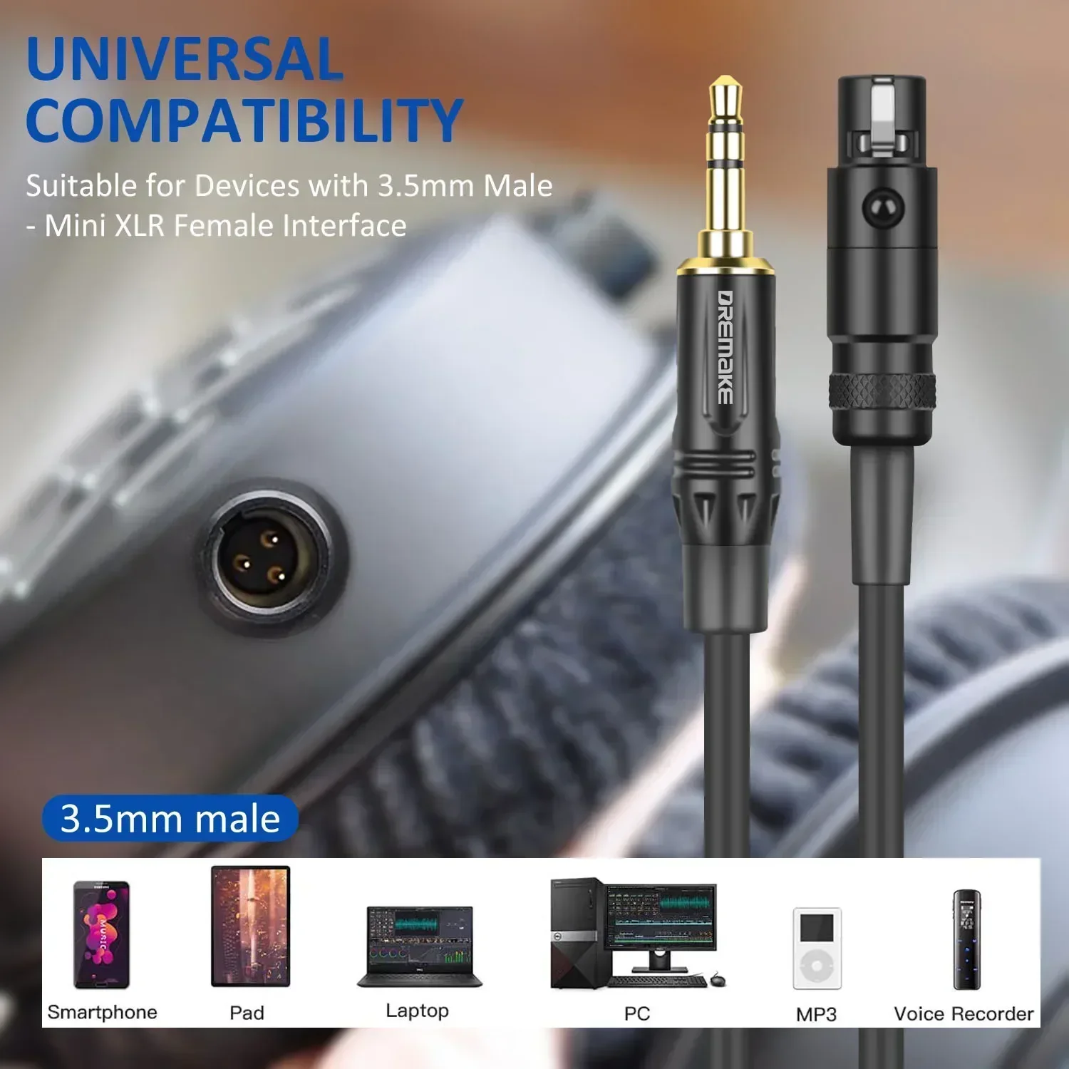 DREMAKE Jack 3.5mm 1/8 to 3-Pin Mini XLR Cable TRS 1/8 Inch Aux Stereo Male to Mini XLR Female Audio Adapter Cable for AKG K550-3