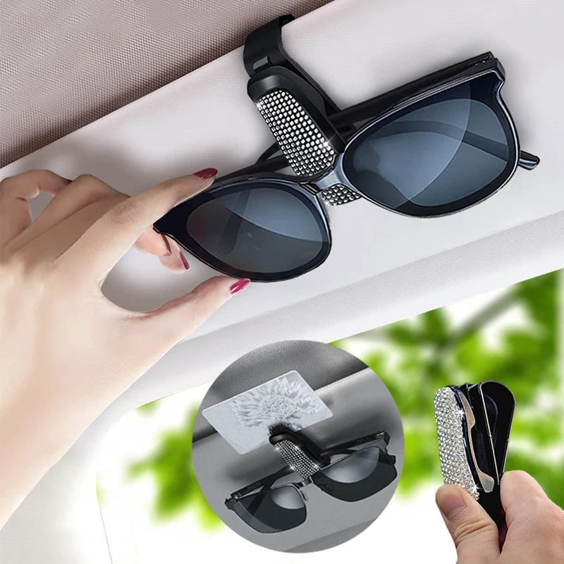 Rhinestone Car Glasses Clip Car Sun Visor Glasses Case Sunglasses Bracket Card Bill Ticket Organizer Holder Auto Accessories-2