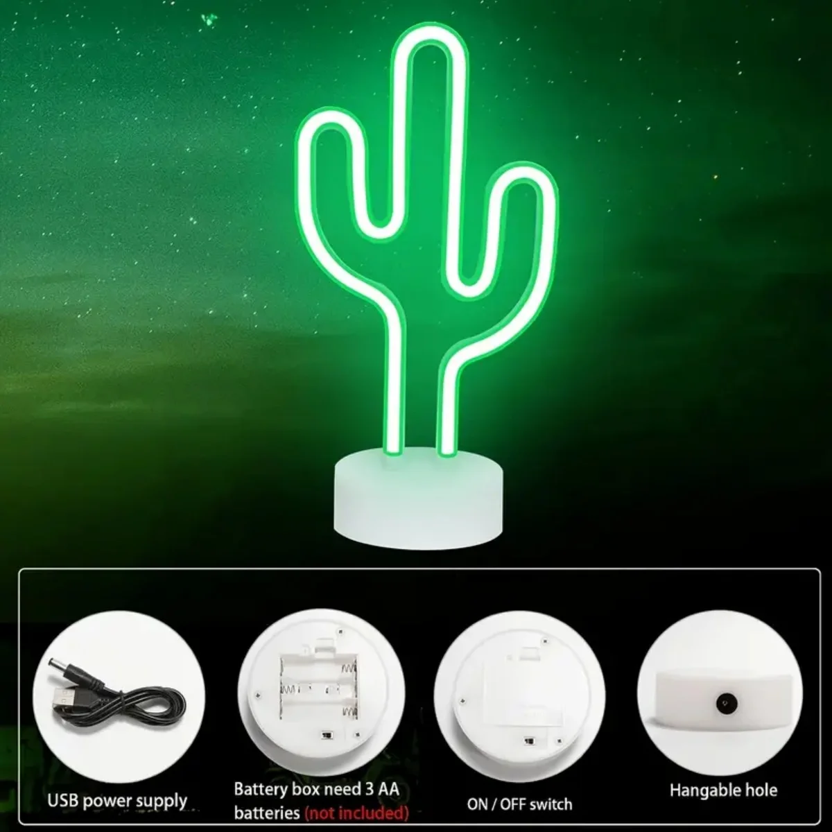 1pc Green LED Cactus Neon Light With Base Decorative Bedroom Light Desktop Night Lamp Suitable For Wedding Birthday Party Decor-5