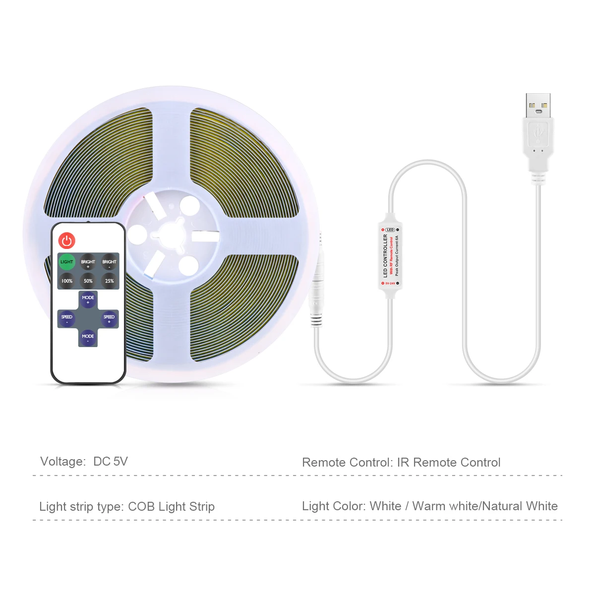 5V COB LED Strip High Density RA90 320 LEDs Warm Nature Cool White Flexible Ribbon Linear Light RF Remote Dimmable USB LED TV-2