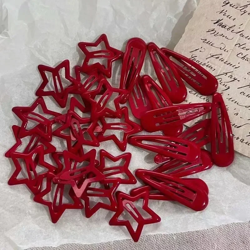 10 Pcs/Lot New Red Star Snap Clip for Girl Waterdrop Barrettes Black Hairpin Women Silver Hair Clip Accessories Kawaii BB Clip-2