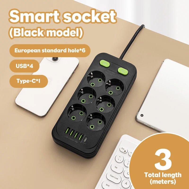 EU Plug Power Strip 6 AC Outlet Multitap Extension With 5 USB Ports 3m Cord Electrical Socket 2500W Fast Charge Surge Protector-5