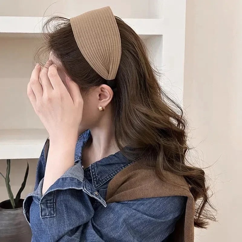 New Soft Wide Knitting Cotton Hairbands for Women Girls Korean Neutral Solid Turban with Teeth Head Band Headwear Accessories-5
