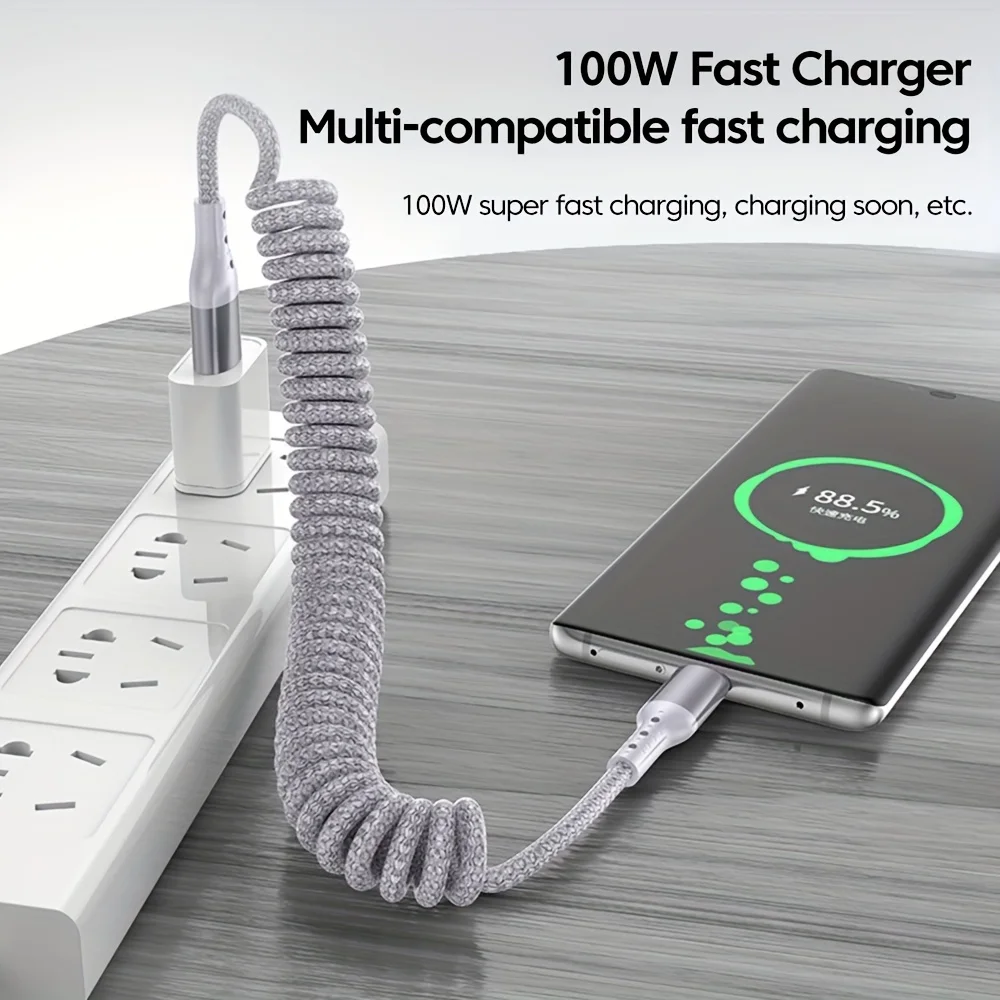 100W USB Type C Spring Car Fast Charging Cable for Samsung Xiaomi Huawei 60W USB C Data Cord for iPhone 15 Huawei USB C Wire-6