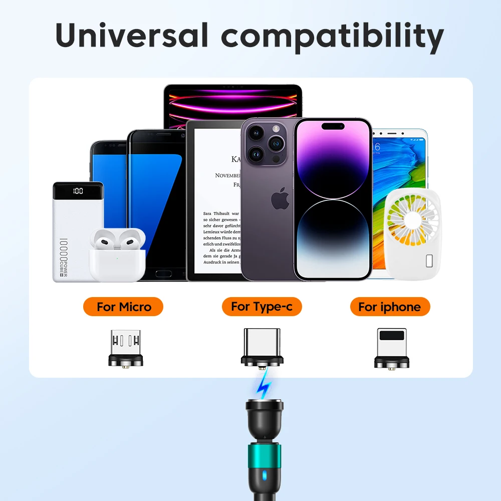 AUFU Magnetic Cable 3M 540 Rotate Magnet Charger Micro USB Type C Cable Mobile Phone Wire Cord For iPhone Samsung Xiaomi Redmi-5