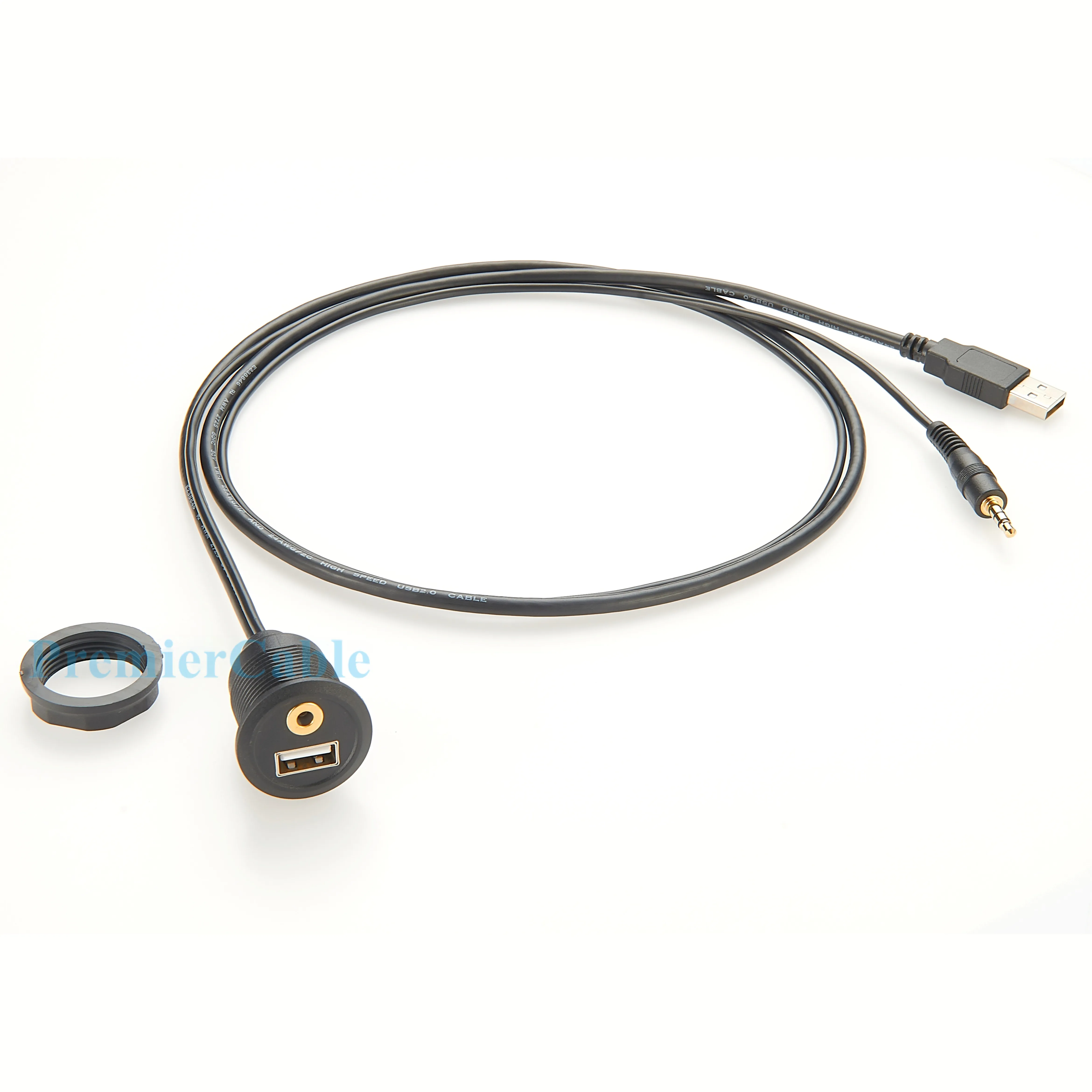 USB & 3.5mm Male to USB & 3.5mm Female Flush Mount Panel Mount Extension AUX Cable  Round Panel Mount 3.5mm&USB 2.0 Jack Cable-2
