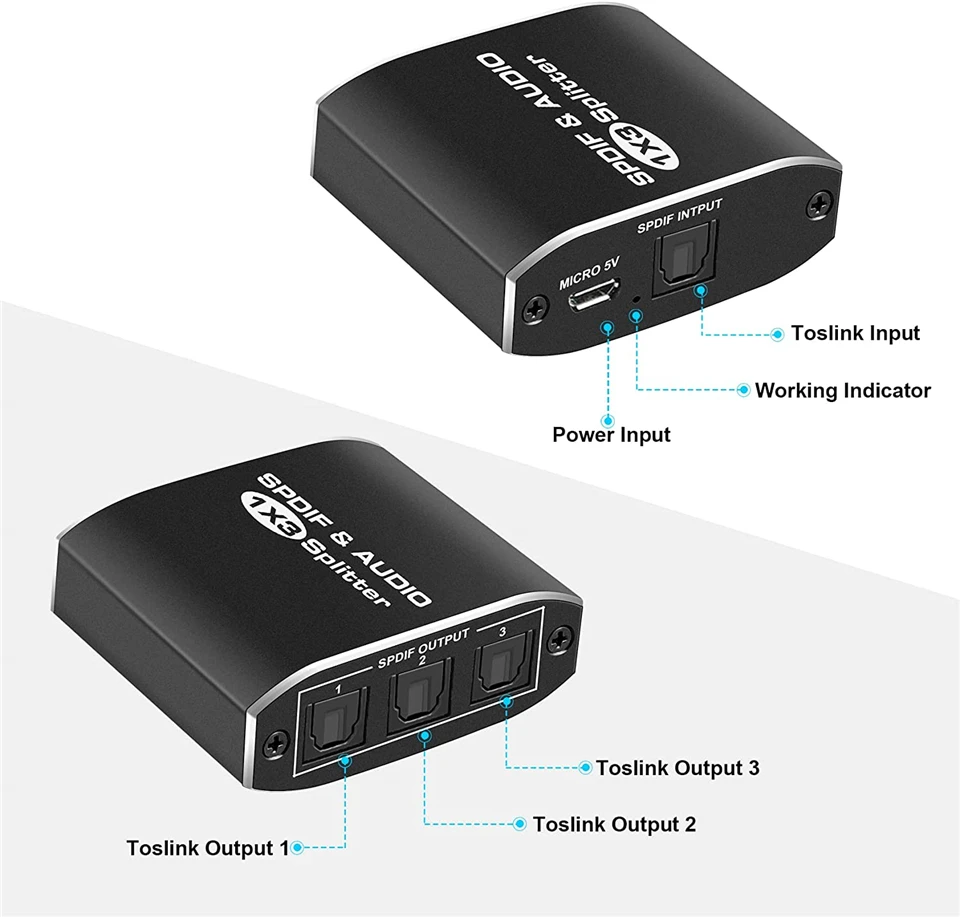 Digital SPDIF Optical Audio Splitter Aluminum Alloy Toslink Splitter Adapter 1x3 Optical Splitter 1 In 3 Out Support DTS AC3-5