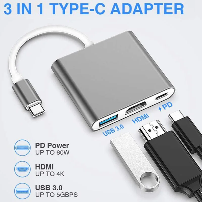 3-in-1 USB C Hub 100W Power USB 3.0 4K HDMI-compatible for MacBook Surface Chrome Steam Deck Stable USB 3.0 USB HUB Adapter-2