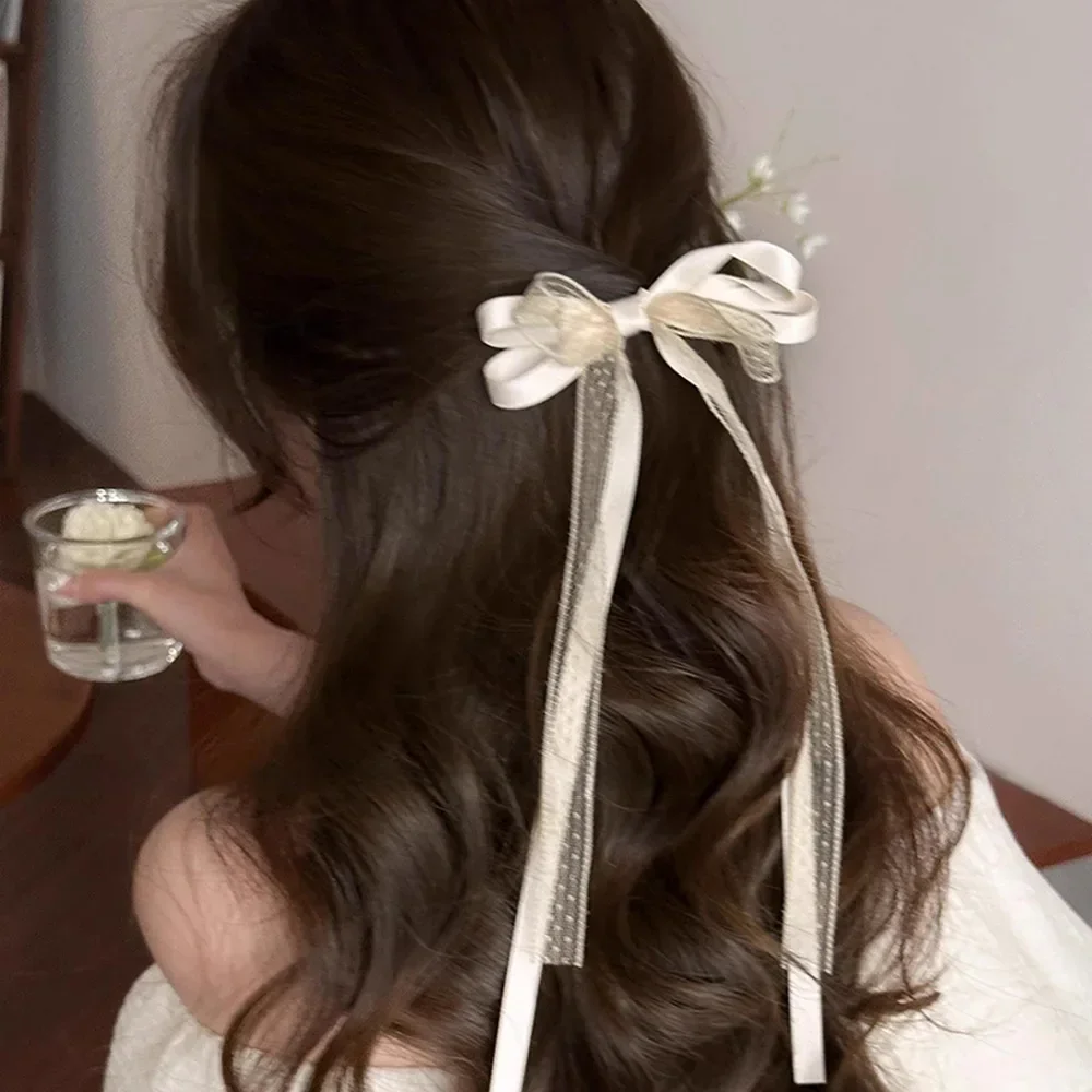 2pcs Korean Lace Bow Hair Clip Trend Long Ribbon Hairpins Barrettes Headband for Women Girl Hair Accessories Wedding Jewelry-2