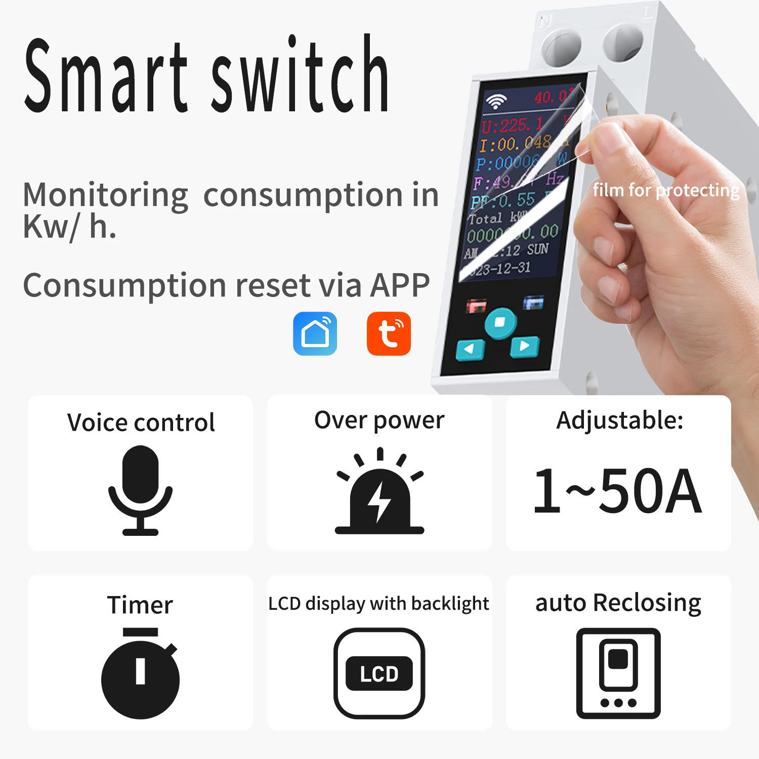 1P 50A Tuya WIFI Smart Switch Circuit Breaker LCD Energy Meter KWh Power Metering Timer Relay Remote Control Smart Life APP-2