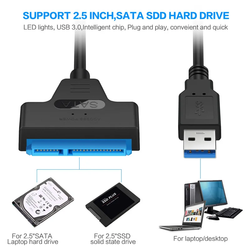 SATA to USB 3.0 / 2.0 Cable Up to 6 Gbps for 2.5 Inch External HDD SSD Hard Drive SATA 3 22 Pin Adapter USB 3.0 to Sata III Cord-3