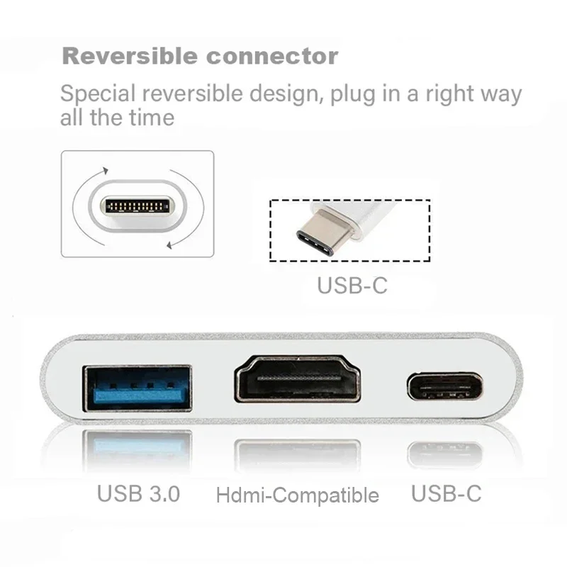 3-in-1 USB C Hub 100W Power USB 3.0 4K HDMI-compatible for MacBook Surface Chrome Steam Deck Stable USB 3.0 USB HUB Adapter-6