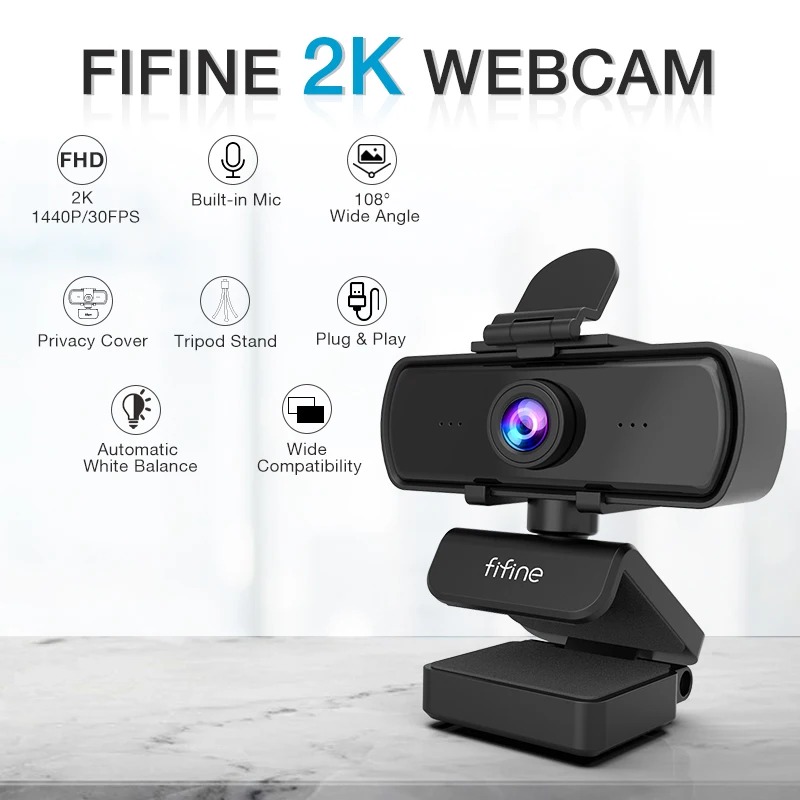 FIFINE 1440p Full HD PC Webcam with Microphone, tripod, for USB Desktop & Laptop,Live Streaming Webcam for Video Calling-K420-2
