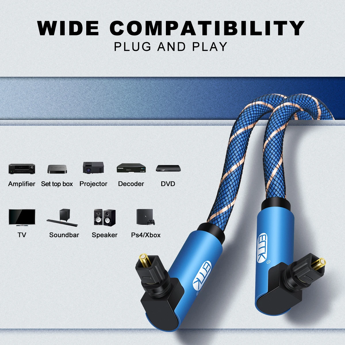 EMK Double 90 Degree Optical Toslink Cable with Nylon Braided Jacket Digital SPDIF Right Angle Optical Audio Cord(Blue)-3