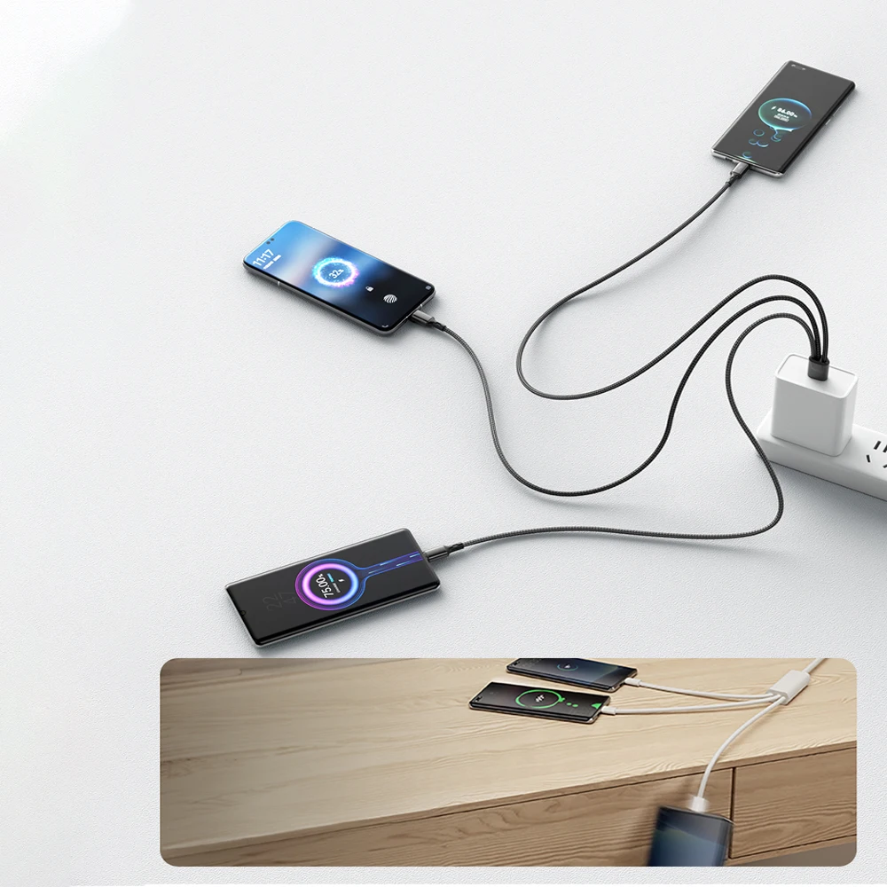 3 in1 USB to 3×Type - C Cable 100W 6A fast charge for Samsung S24 Xiaomi Huawei android phone usb c High-speed data transmission-6