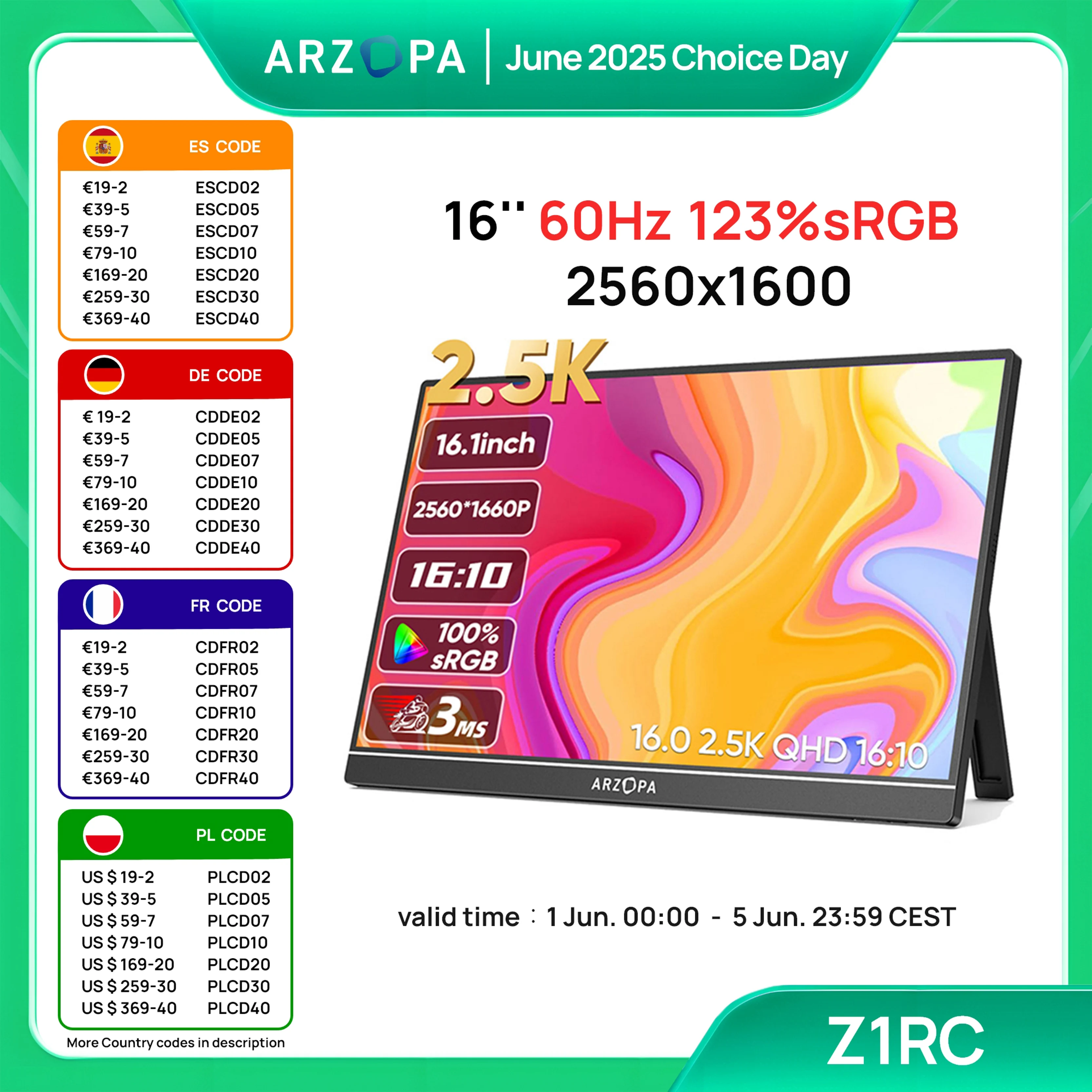 ARZOPA 16inch 2K Portable Monitor 16:10 IPS Screen with type-c mini hdmi Second Display for MAC/Laptop/PC/Xbox/PS4/5/Switch,Z1RC