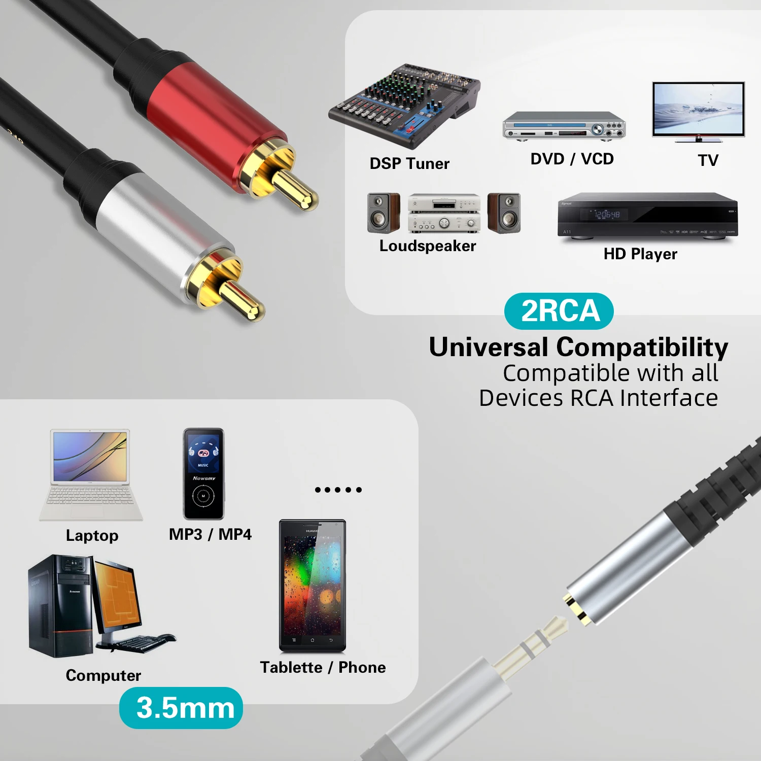 3.5mm Female to 2 RCA Male Stereo Audio Y Cable, Gold Plated Adapter Compatible for TV,Smartphones,Tablets,Speakers,Home Theater-4