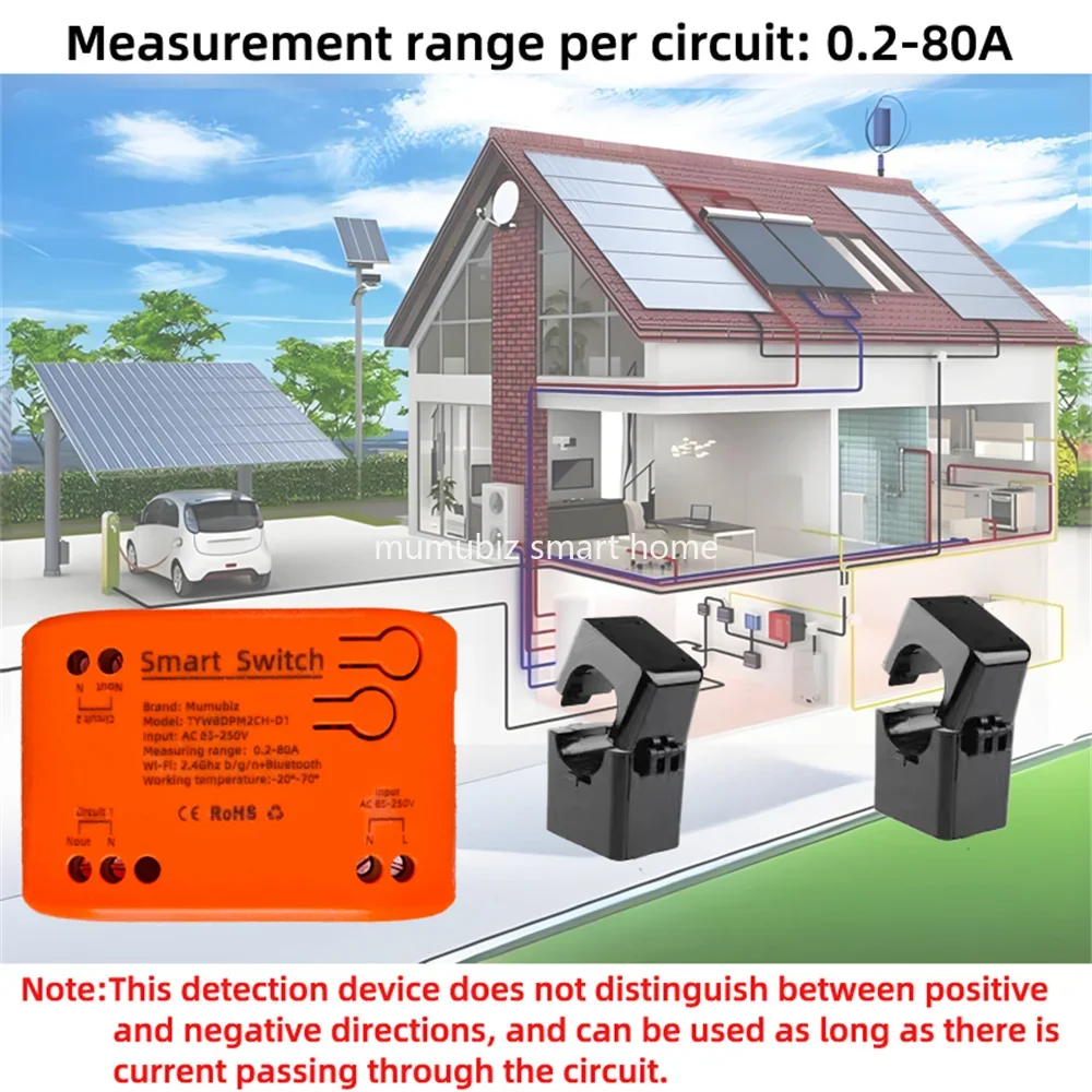 Tuya Smart 85~250V WiFi 1 / 2 Channel Clamp with Current/Voltage/Energy Monitoring 80A Smart Energy Meter Work with Alexa Alice-2