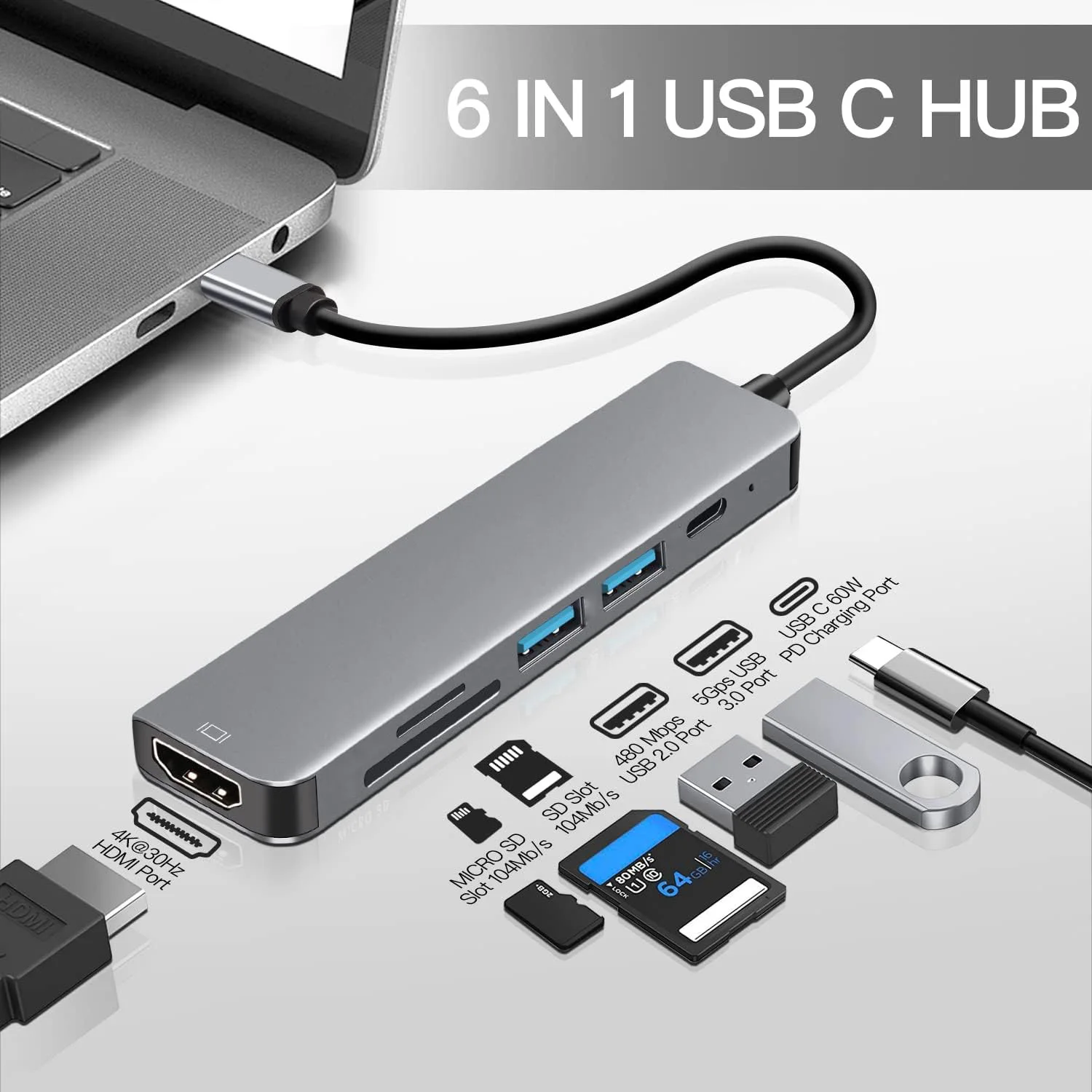 6 Ports USB C Hub to 4K HDMI-Compatible SD TF Card Reader USB 3.0 2.0 HUB Type C Charging Docking for MacBook iPad Samsung-2