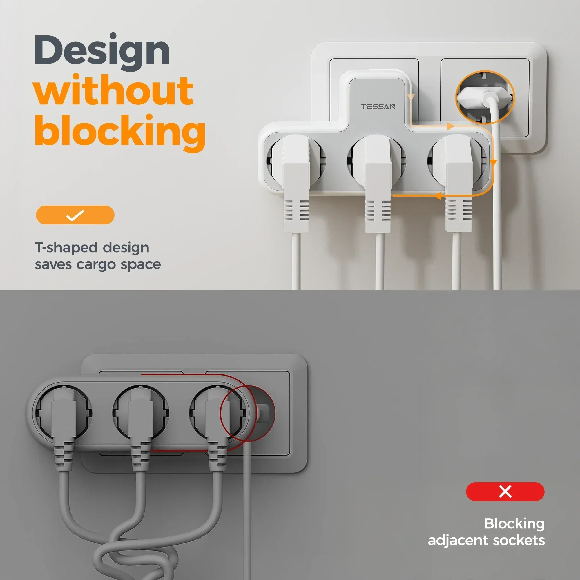 TESSAN Multiple Wall Socket with 3 AC Outlets Charging Ports EU Plug Wall Power Strip with Overload Protection 3fach Stecker Eu-3