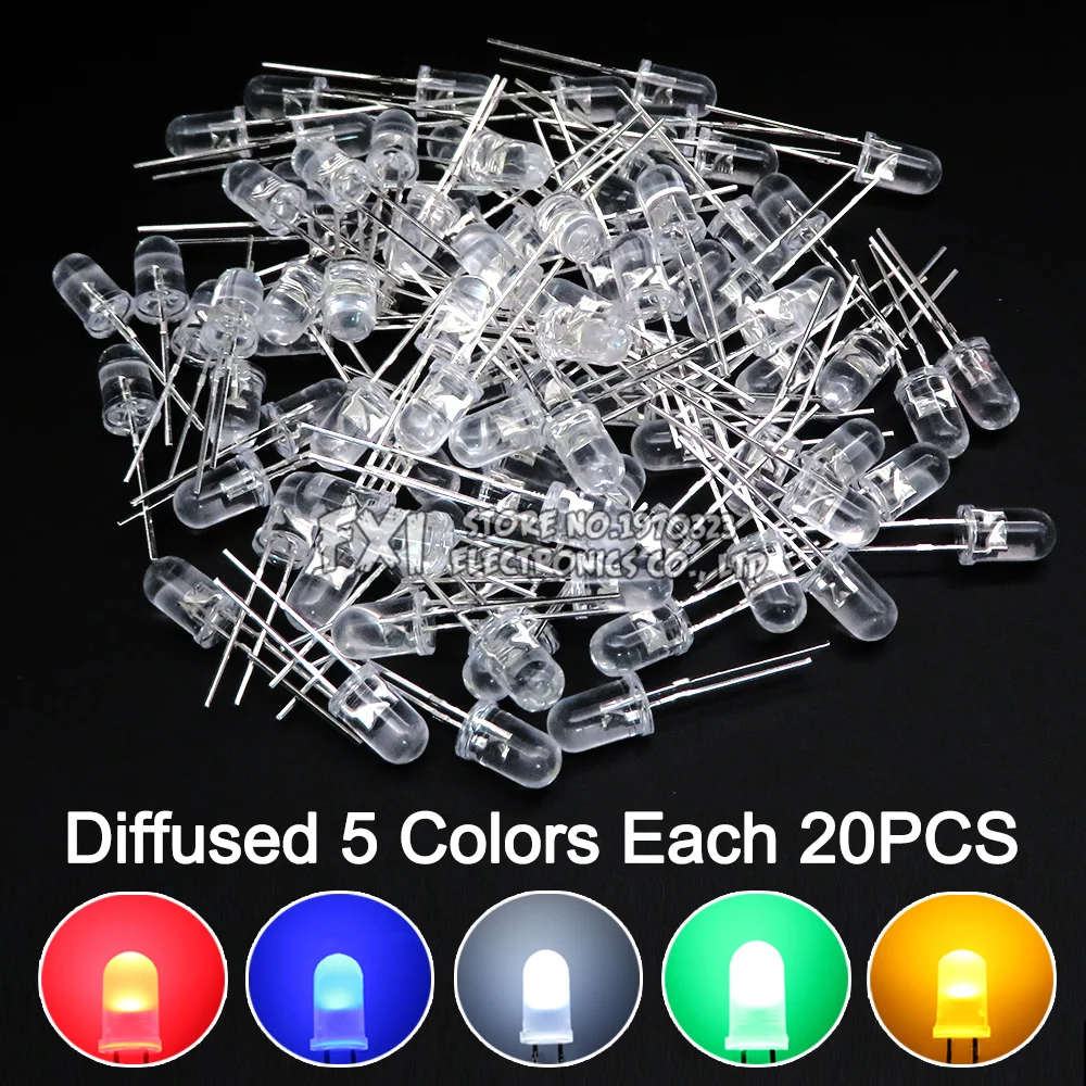 100PCS F5 LED Diode 5MM Assorted Kit White Green Red Blue Yellow Orange Pink Purple Warm White DIY kit Light Emitting Diode bxv-6