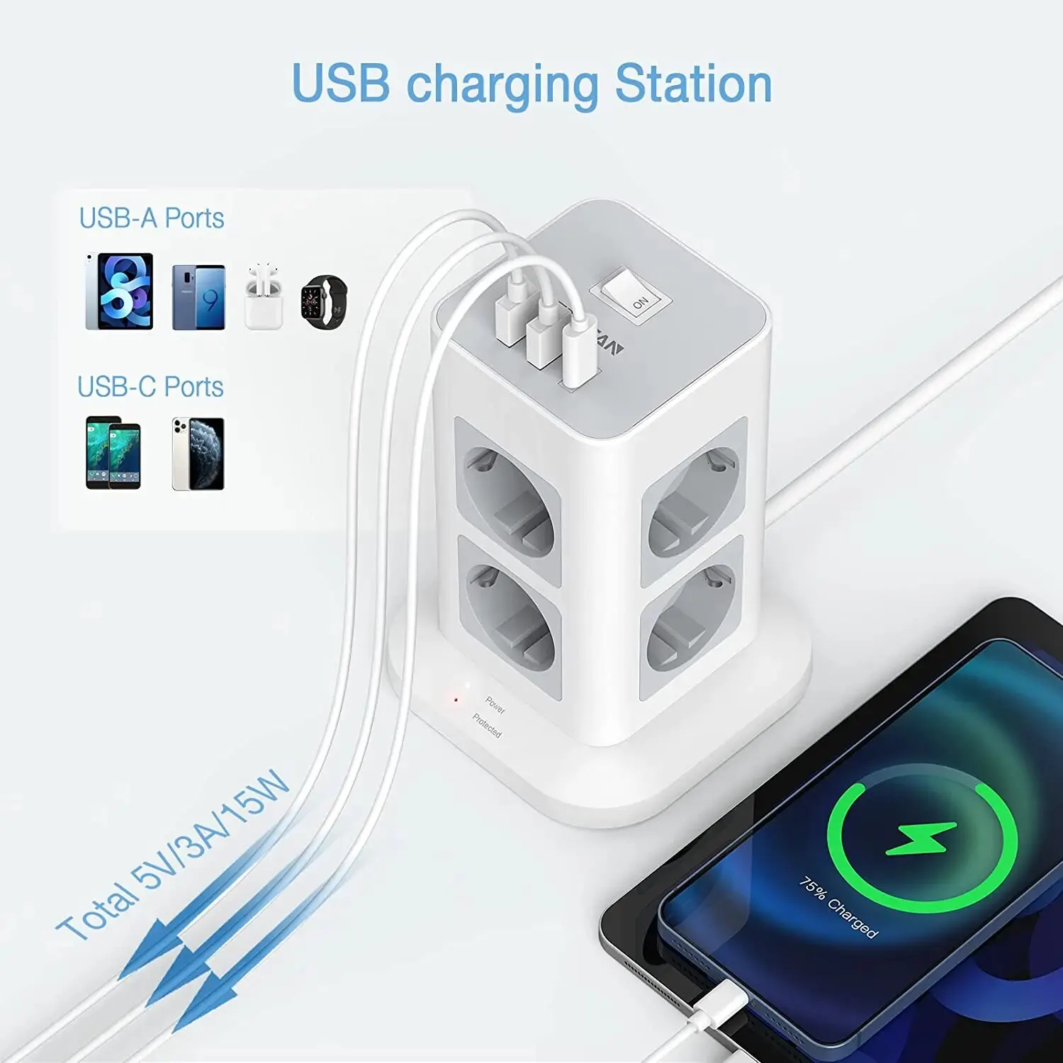 TESSAN Tower Power Strip Multi Outlets with 2 USB +1 Type C 2M Extension Cable EU Plug Vertical Electric Socket Surge Protection-3