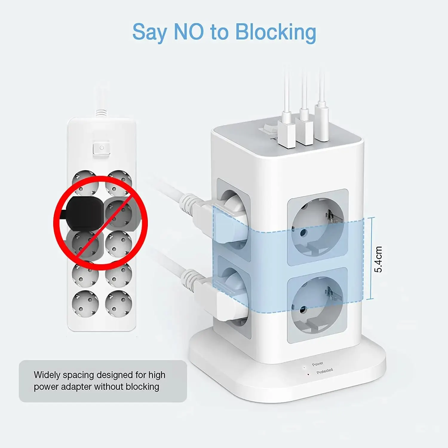 TESSAN Tower Power Strip Multi Outlets with 2 USB +1 Type C 2M Extension Cable EU Plug Vertical Electric Socket Surge Protection-4