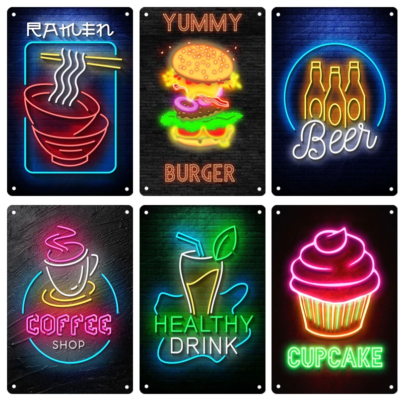 Neon Food Metal Poster Signage Tin Painting Pizza Burger Advertising Plaque Restaurant Bar Club Shop Wall Art Decorative Panel-2