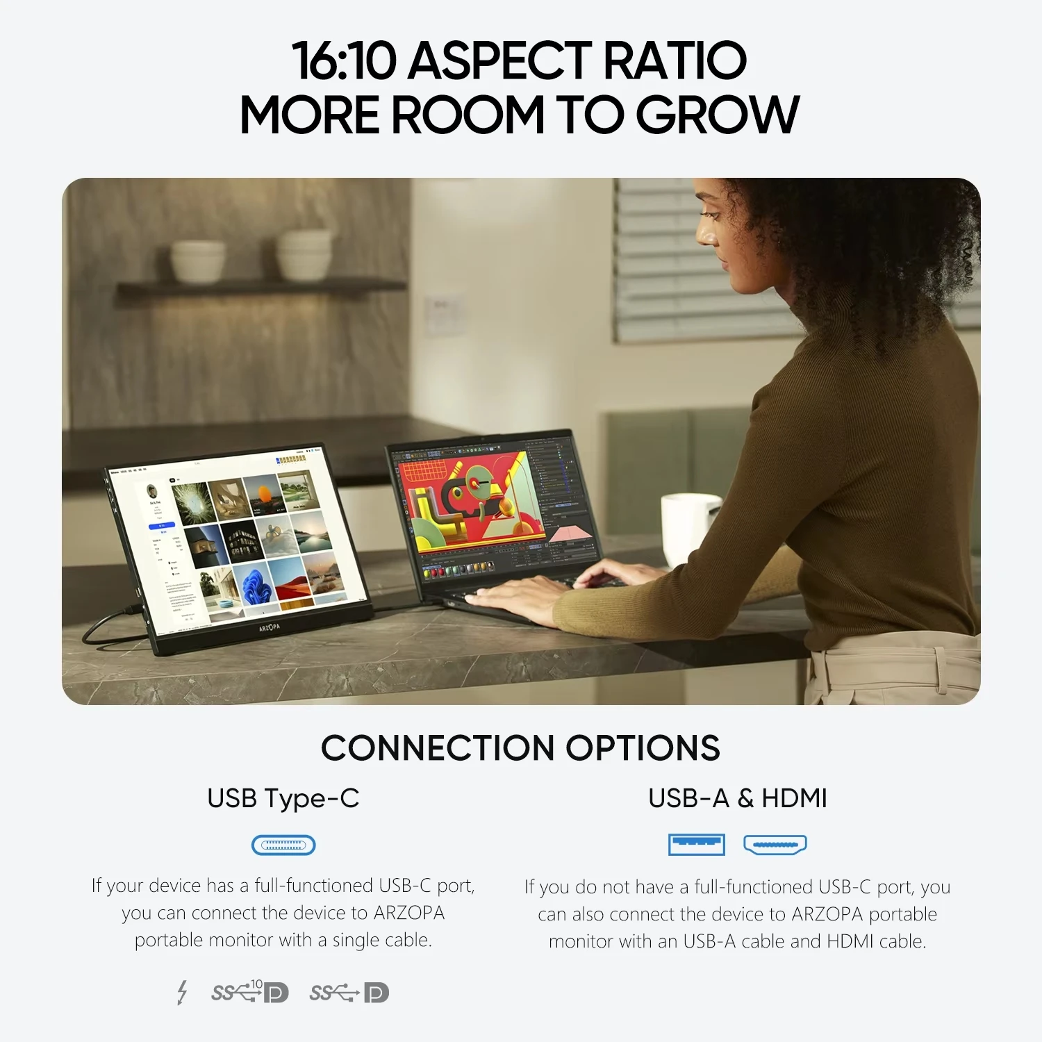 ARZOPA 16inch 2K Portable Monitor 16:10 IPS Screen with type-c mini hdmi Second Display for MAC/Laptop/PC/Xbox/PS4/5/Switch,Z1RC-2
