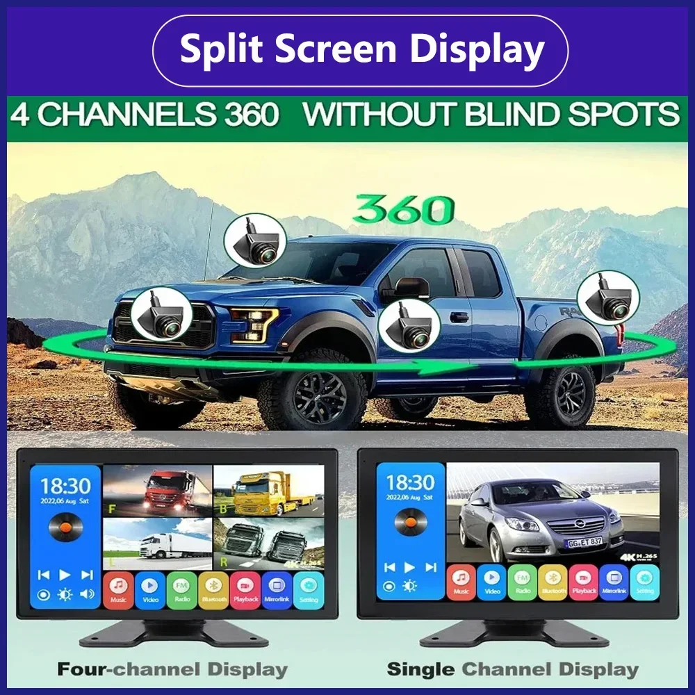 10.1 Inch Touch Screen 4 Ch Split Screen Car MP5 DVR Monitor with BT FM 170°AHD 1080P Camera Can Swivel for RV/Truck/Bus/Trailer-2