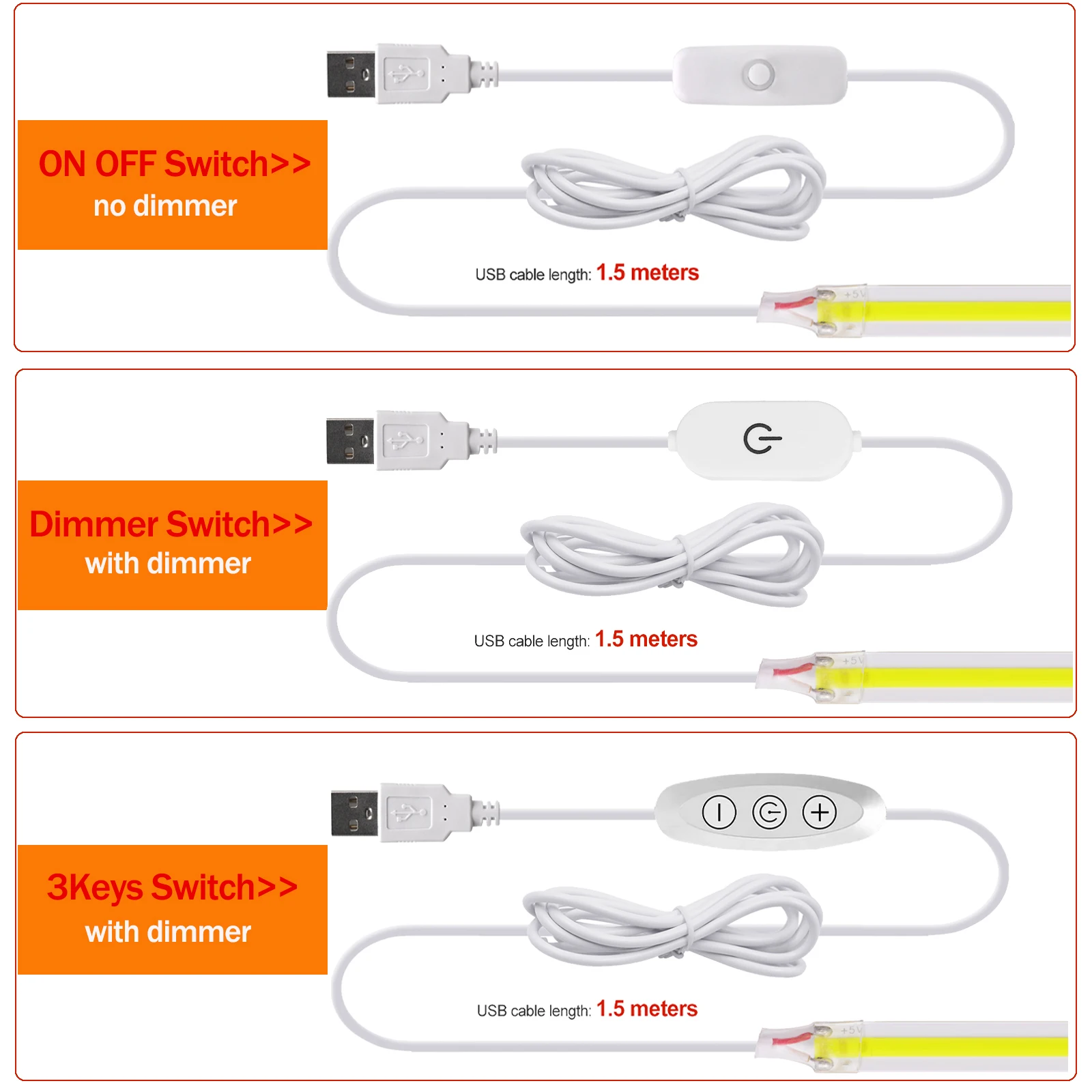 Dimmable COB LED Strip Light 5V USB Flexible LED Tape with ON OFF Switch 320LEDs High Density Linear Lighting with Adhesive Tape-5
