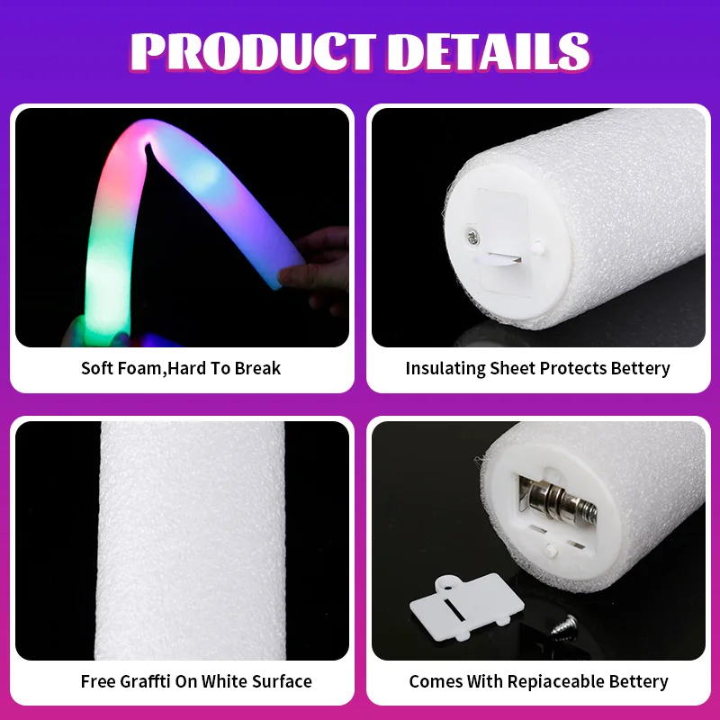 20/30/60Pcs LED Glow Sticks Bulk Colorful RGB Glow Foam Stick Cheer Tube Dark Light for Xmas Birthday Wedding Party Supplies-5