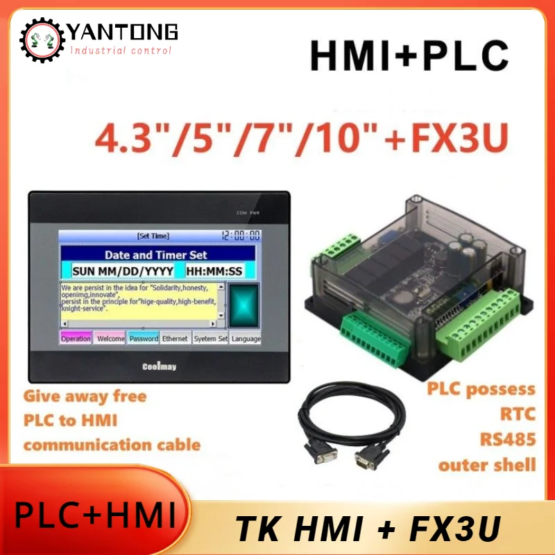 COOLMAY HMI And PLC touch screen 4.3"/5"/7"/10" combo set with FX3U-14M/24M/30M/32M/48M/56M-6AD2DA includes communication cable
