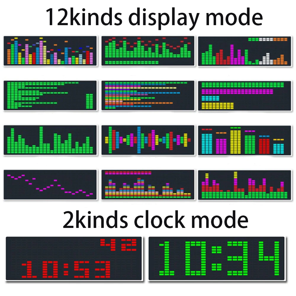 LED music Spectrum rhythm lights voice sensor 1624 RGB atmosphere level indicator with clock display-4