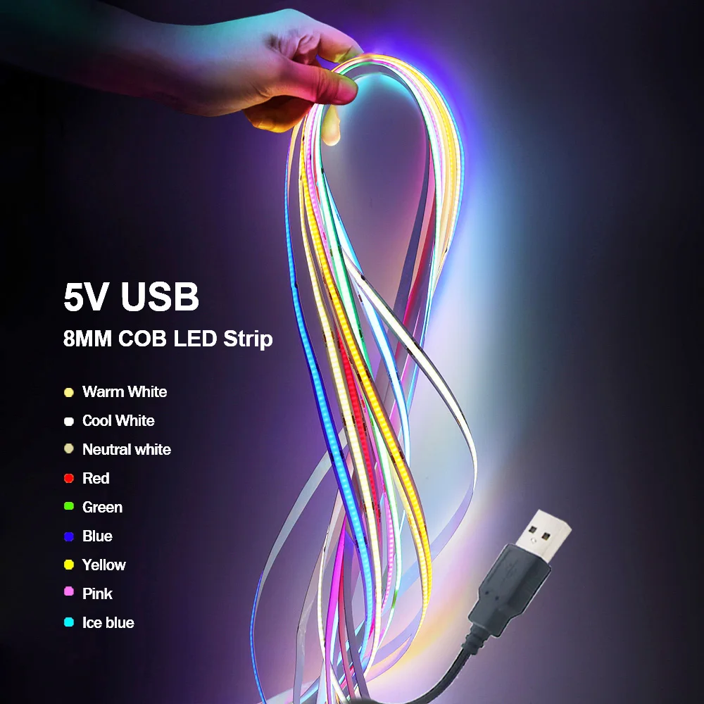 5V USB COB Led Strip Light White/Red/Green/Pink/Ice Blue/Yellow 320 Leds Flexible Ribbon DC Night Lamp TV Backlights Home Decor-2