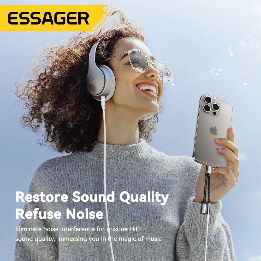 Essager 2 in 1 Type C to 3.5mm AUX Cable Headphone Adapter PD 60W Fast Charging for iPhone 16 15  Samsung Xiaomi 14 13 Tablet PC-6