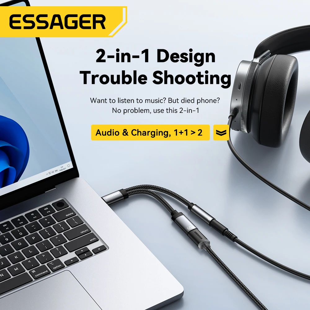 Essager 2 in 1 Type C to 3.5mm AUX Cable Headphone Adapter PD 60W Fast Charging for iPhone 16 15  Samsung Xiaomi 14 13 Tablet PC-2