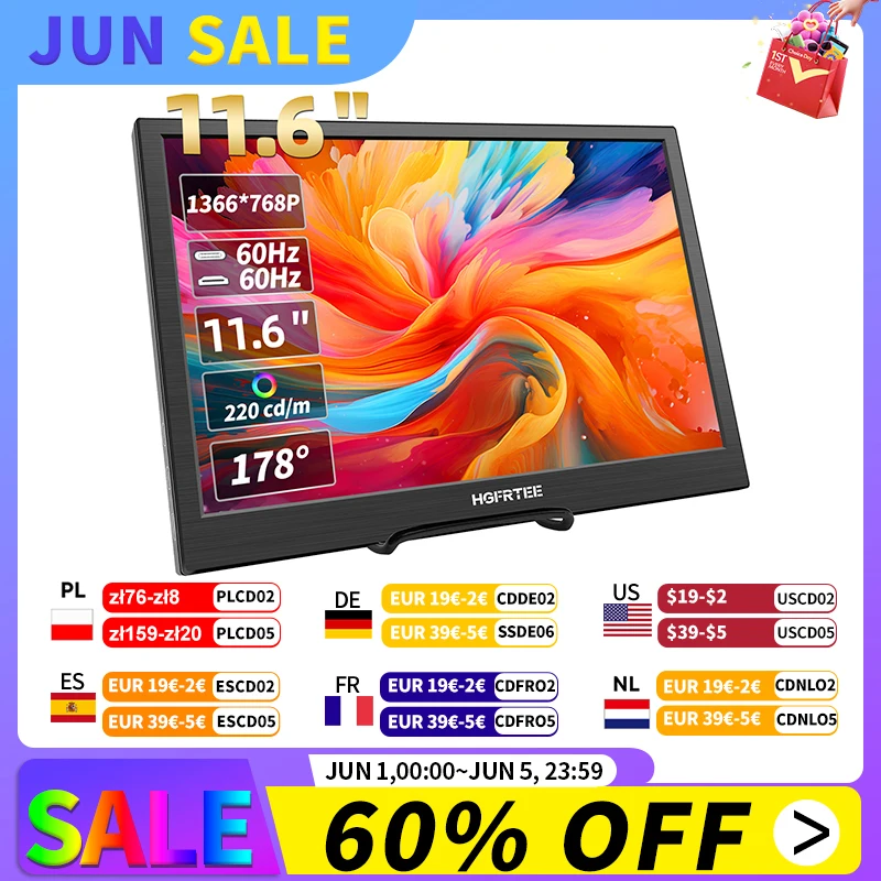 HGFRTEE 11.6inch Portable Monitor Gaming Extended Monitor HDMI-Compatible Laptop second screen For Switch/PS4/Raspberry Pi