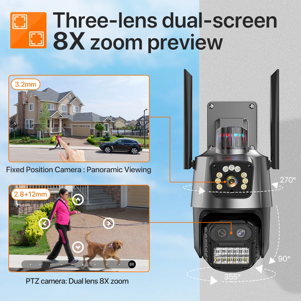 9MP Three Lens WIFI IP Camera 4K HD Dual Screen PTZ Camera Auto Tracking Security CCTV Camera 4MP P2P Video Surveillance iCSee-2