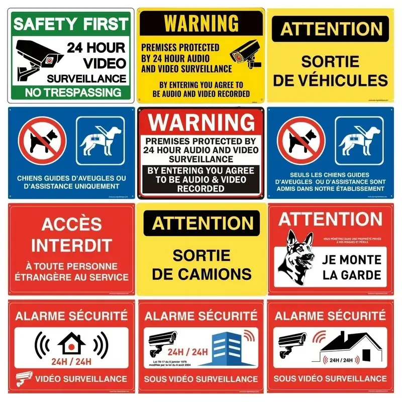 Metal Signage Panel, Video Alarm, Access Prohibits Private Property, Vehicle exit attention, Dogs Sign Guides