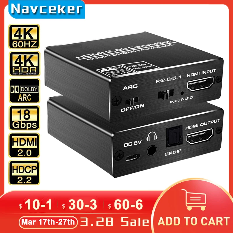 Navceker 4K 60Hz HDMI-Compatible Audio Extractor Stereo Audio Converter 3.5mm Audio Splitter Adapter For PS4 TV DVD Home Theater