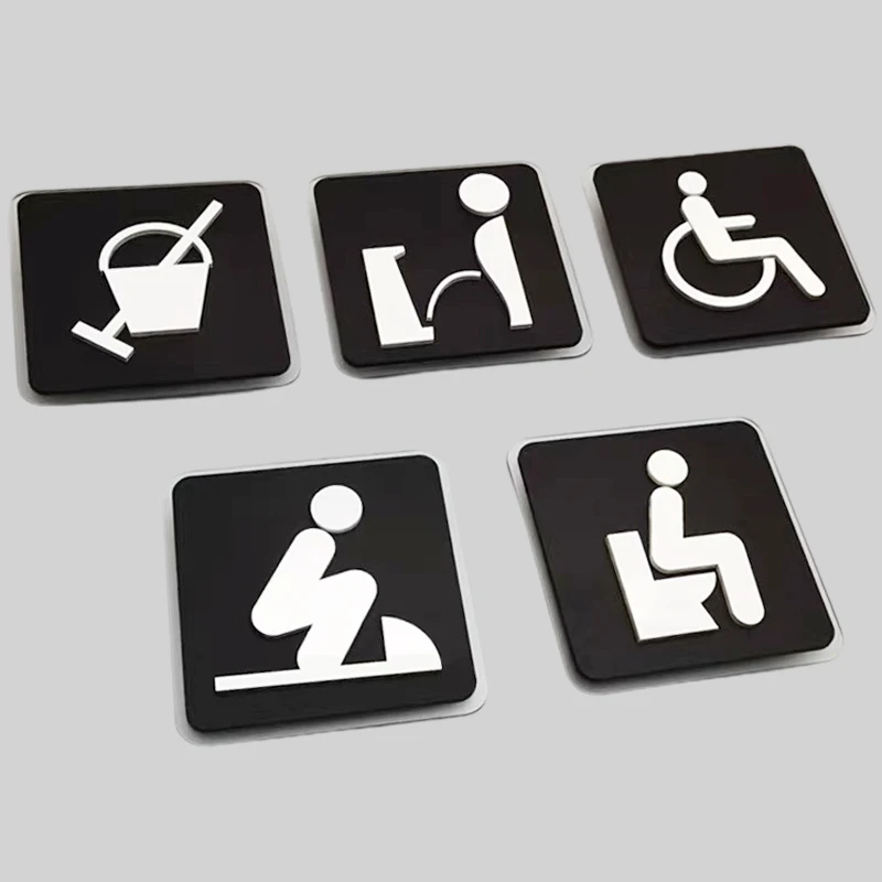 Black Toilet Sign Plate Acrylic  Wash RestrRoom Door Wall Label Sticker Wc Holder Signage Board Art Hotel Bathroom Decor