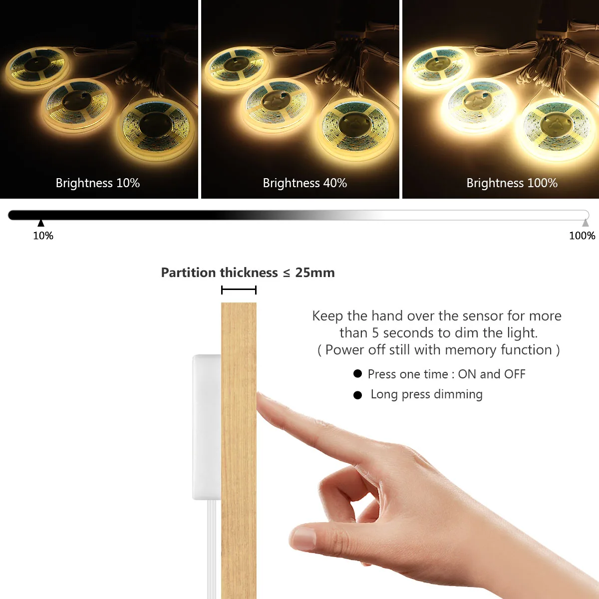 Under Cabinet Collection Display COB LED Strip Light Bookcase Wardrobe Closet Lamp Tape Penetrable Wood Dimmable Touch Sensor-3