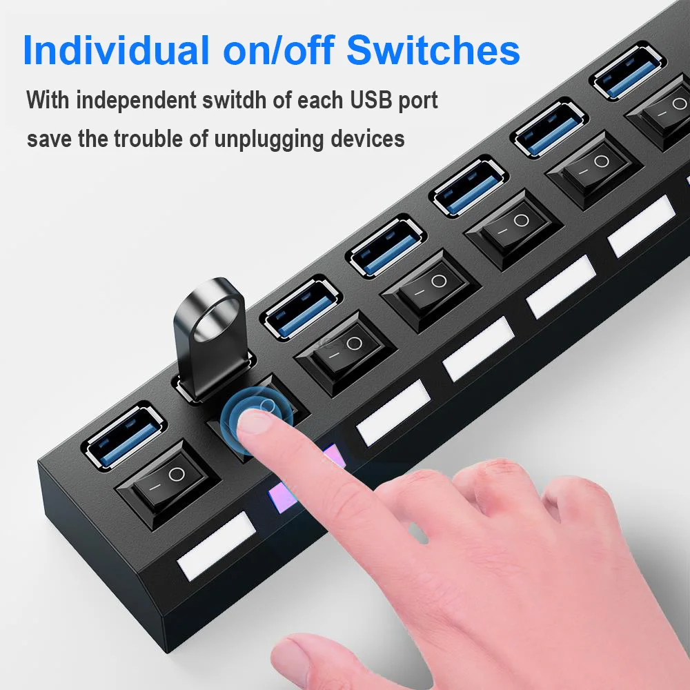 USB 2.0 Hub Multi USB Splitter Ports Hub Use Power Adapter 4/ 7 Port Multiple Expander Hub with Switch 30CM Cable For Home-2
