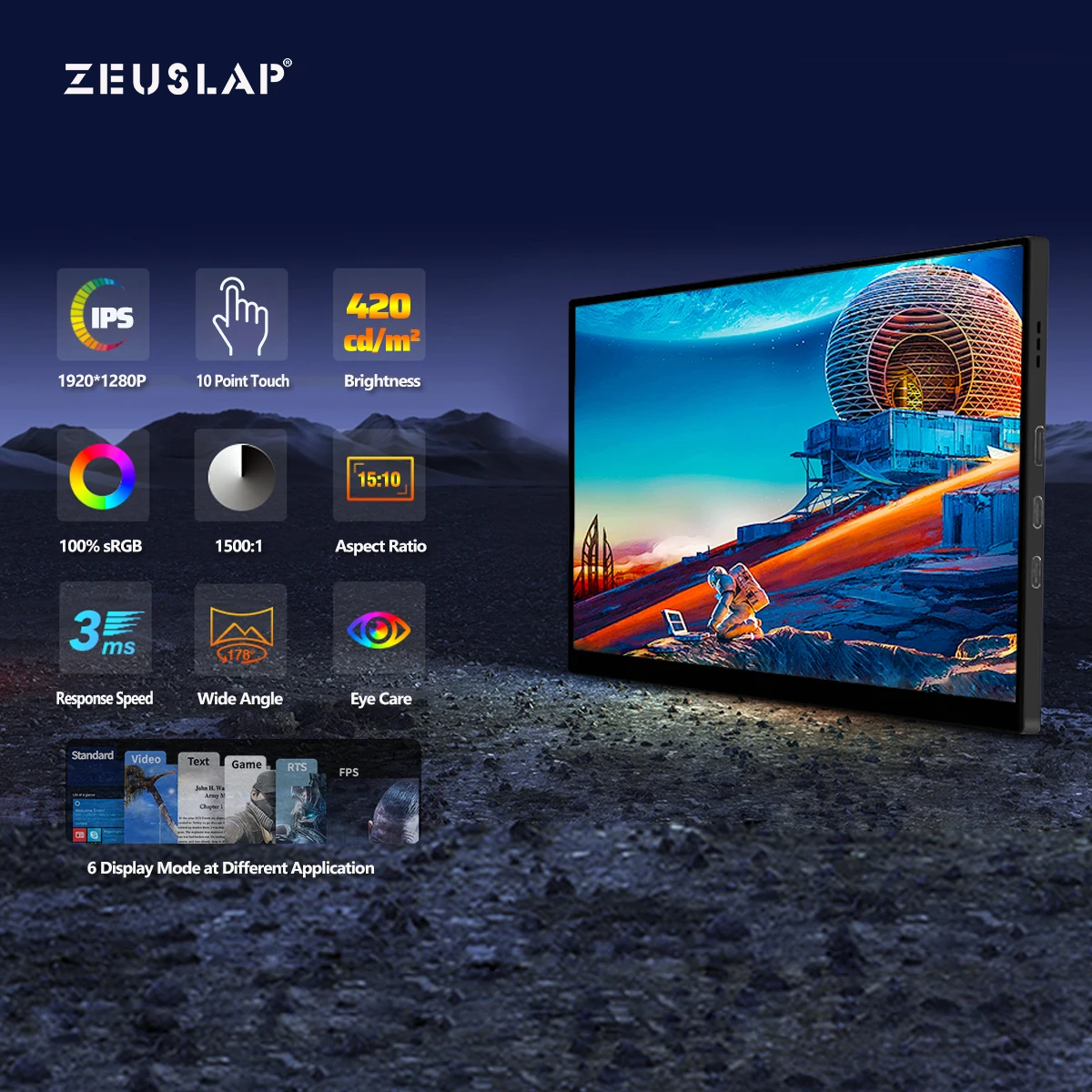 ZEUSLAP 10.5inch 1920*1280P FHD 100% sRGB IPS Screen Display Touch Portable Sub Monitor for Switch,PS5,Raspberry Pi,Laptop-2