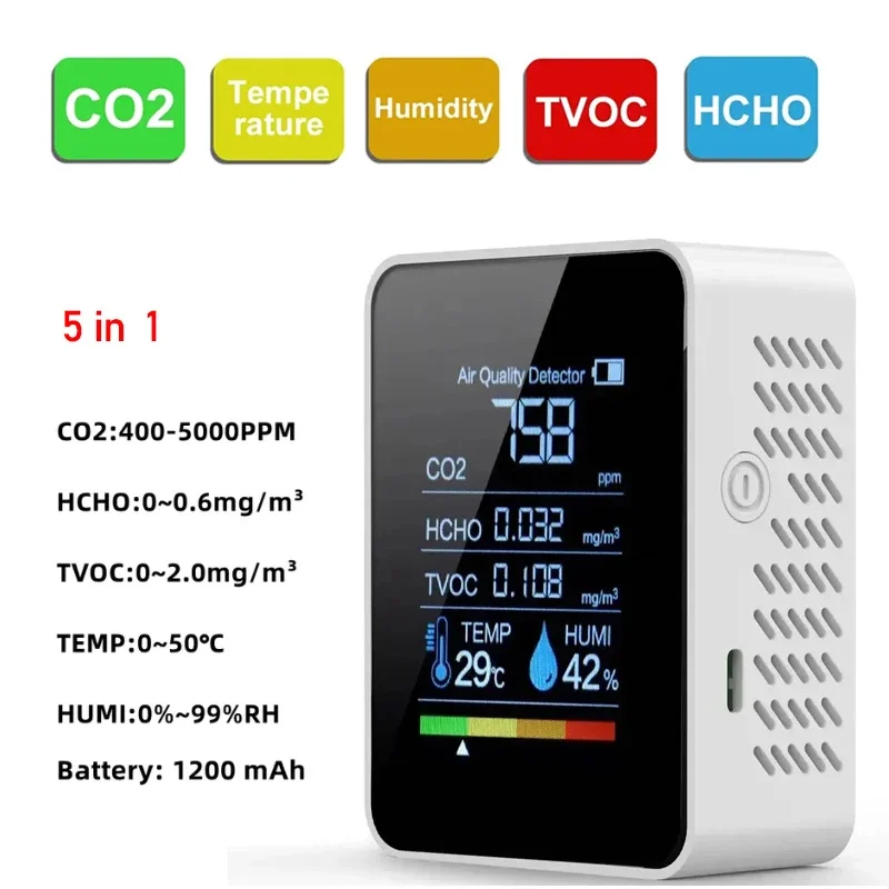 Multifunctional 5in1 CO2 Meter Digital Temperature Humidity Tester Carbon Dioxide TVOC HCHO Detector Air Quality Monitor-6