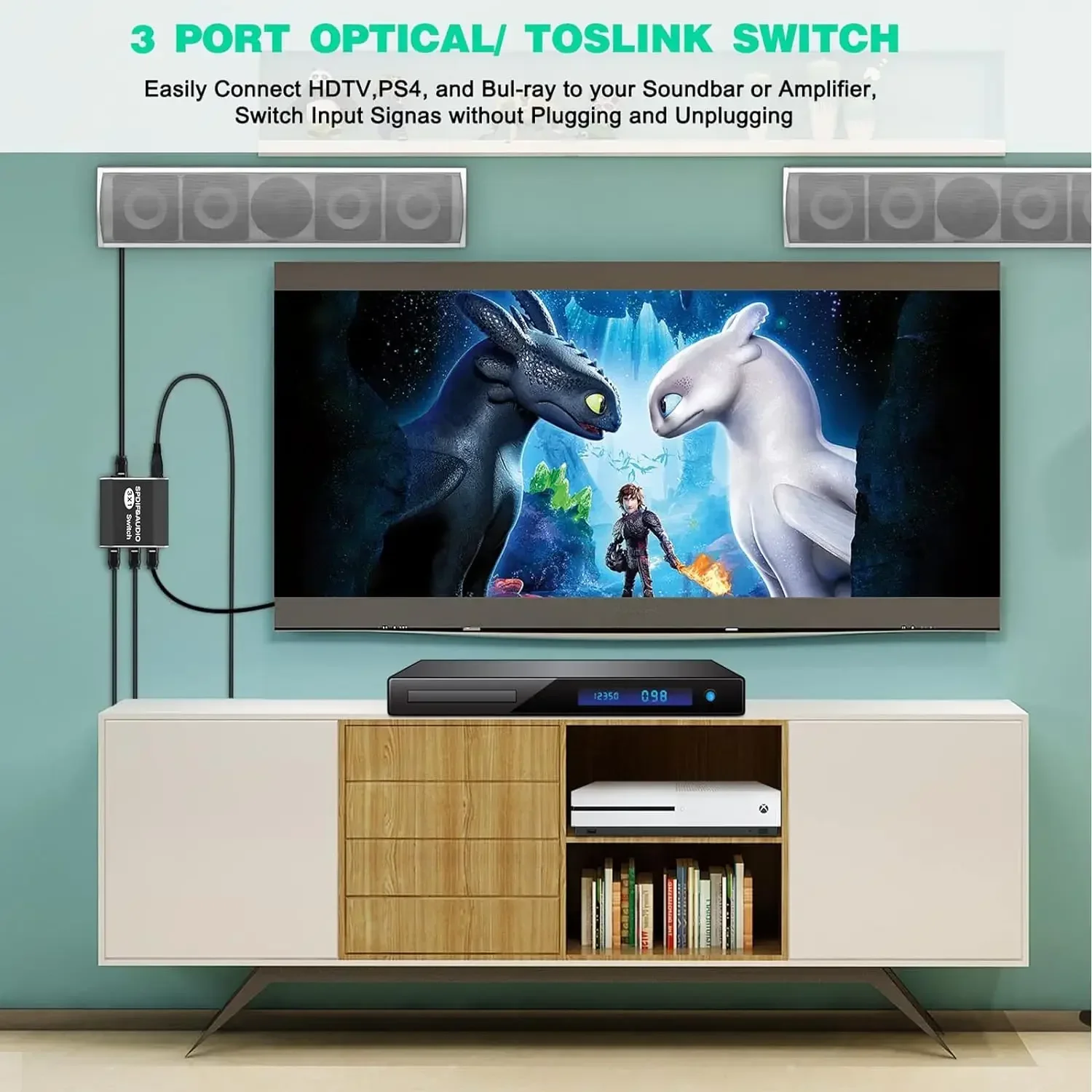 3 Port SPDIF Toslink Audio Switch 3x1 Digital Optical Audio Switcher Selector Hub with IR Remote Support LPCM 2.0-5