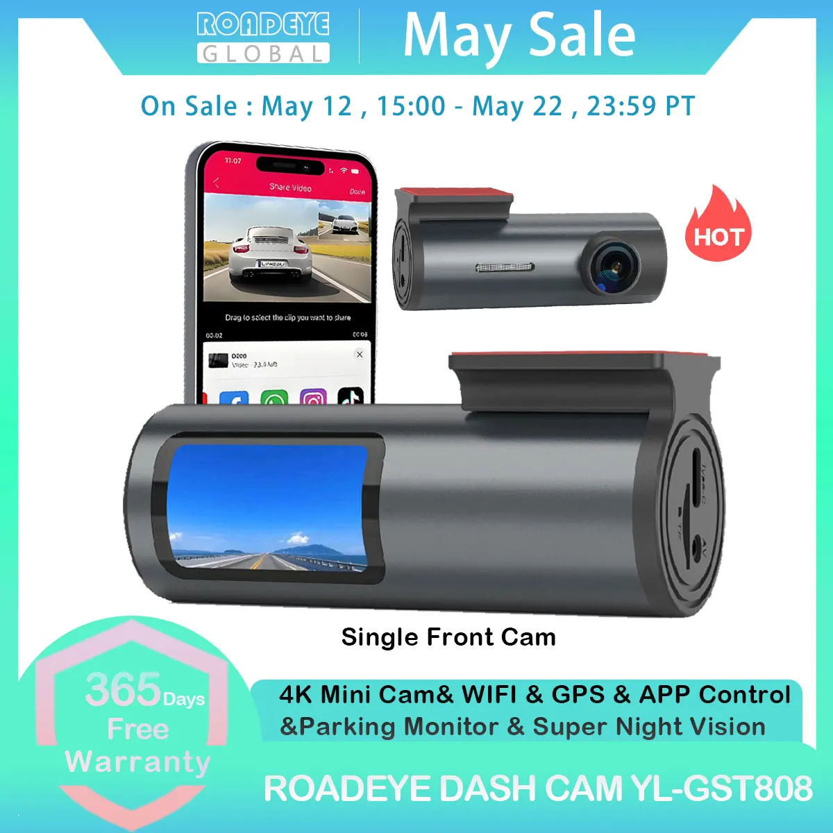 4K WiFi Front Dash Cam with APP Control 24H Parking Monitor GPS 140°FOV Mini Car DVR Night Vision Loop Recording