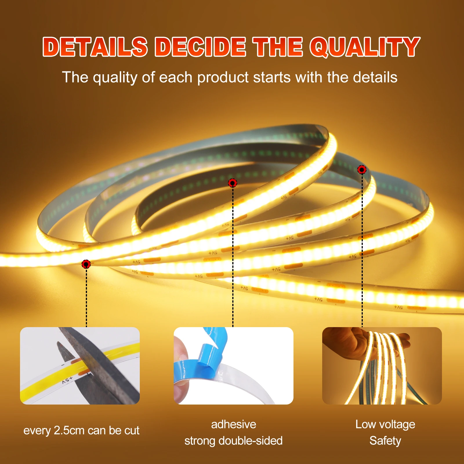 Dimmable COB LED Strip Light 5V USB Flexible LED Tape with ON OFF Switch 320LEDs High Density Linear Lighting with Adhesive Tape-3